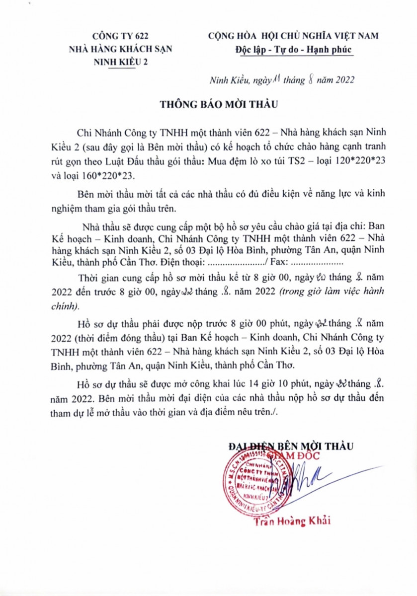 THÔNG BÁO MỜI THẦU 